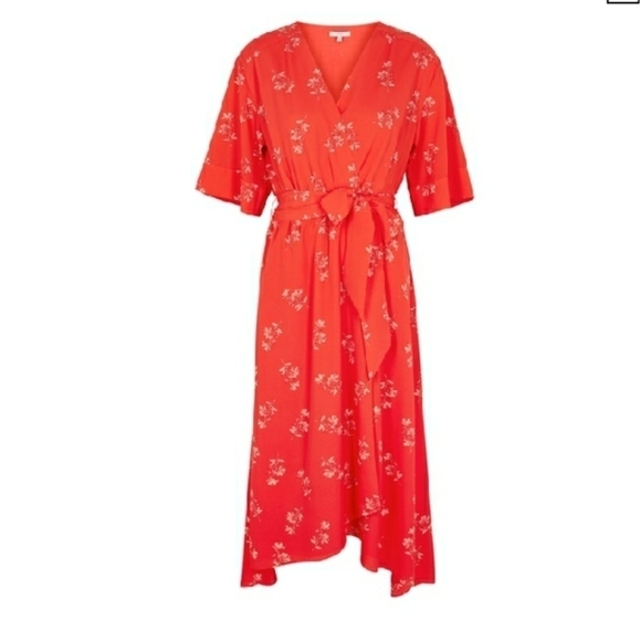 JOIE Daymon B Floral-Print Crepe De Chine MIDI Wrap Dress in Tomato Red Size S - Picture 5 of 16